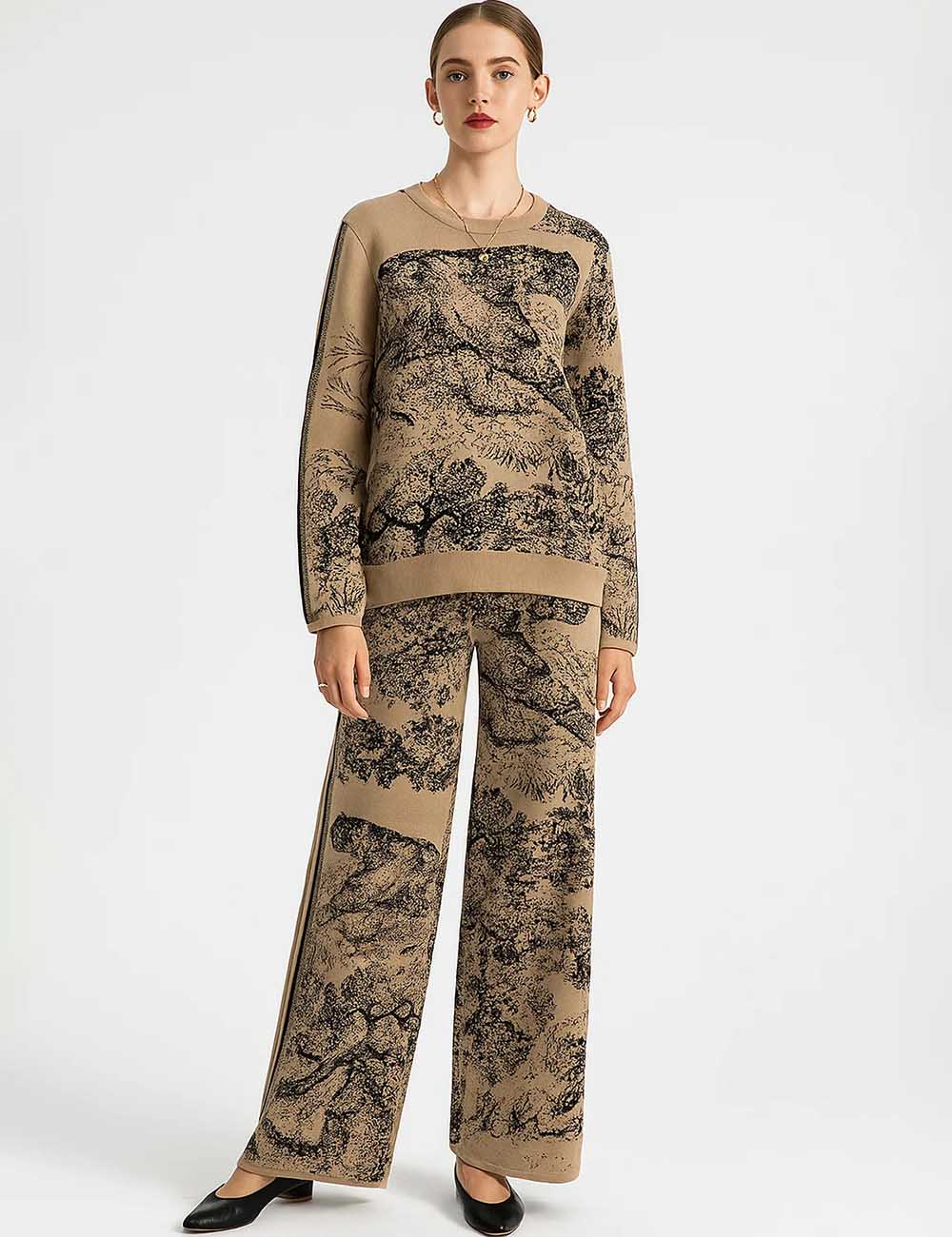 Ladies Color Block Tiger Pattern Knit Sweater & Pants 2PCS Set