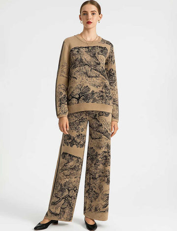 Ladies Color Block Tiger Pattern Knit Sweater & Pants 2PCS Set