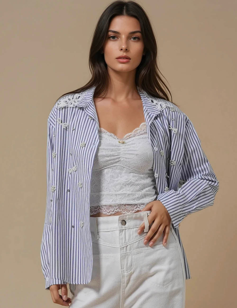 Ladies Color Block Stripe Button Down Shirt JT5001
