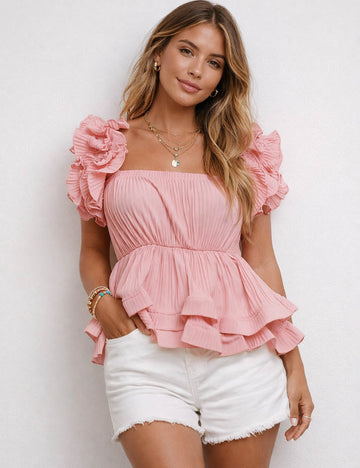 Ladies Chic 3D Ruffle Square Neck Babydoll Top