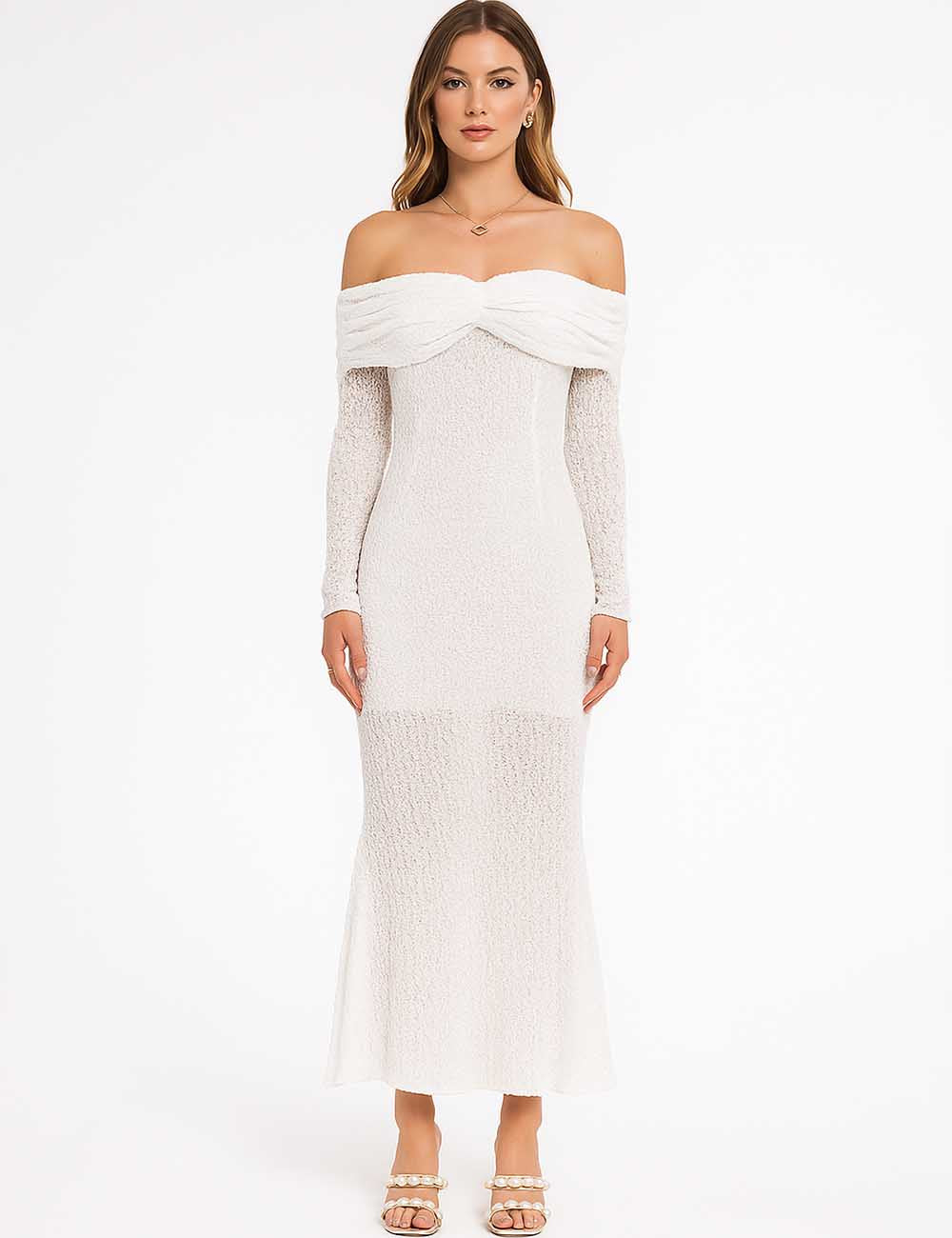 Women Off-Shoulder Solid Color Wrinkle Knit Maxi Dress