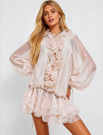 Ladies Floral Ruffle Tie Neck Sheer Chiffon Tiered Mini Dress
