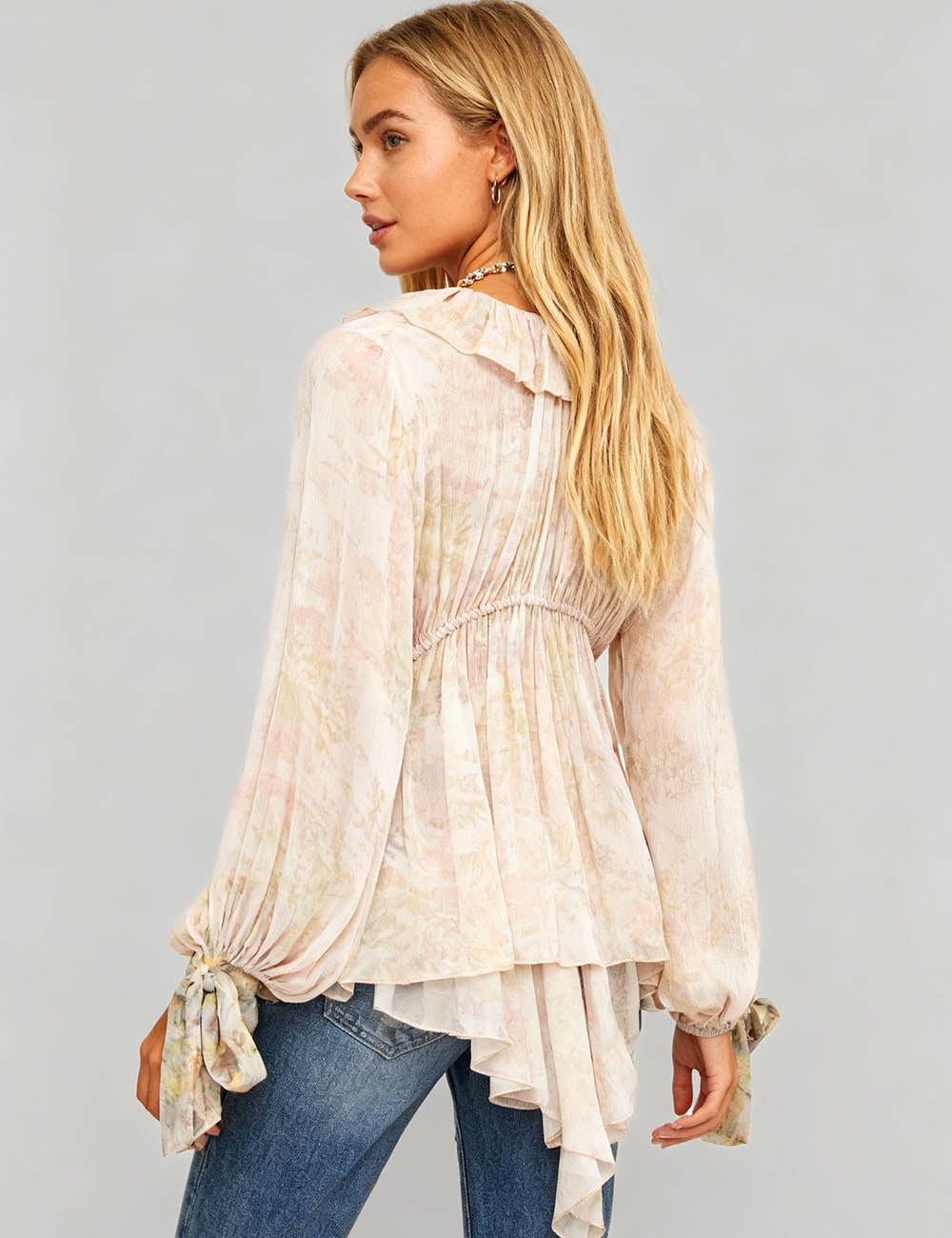 Ladies V-Neck Floral Print Ruffle Long Sleeves Blouse