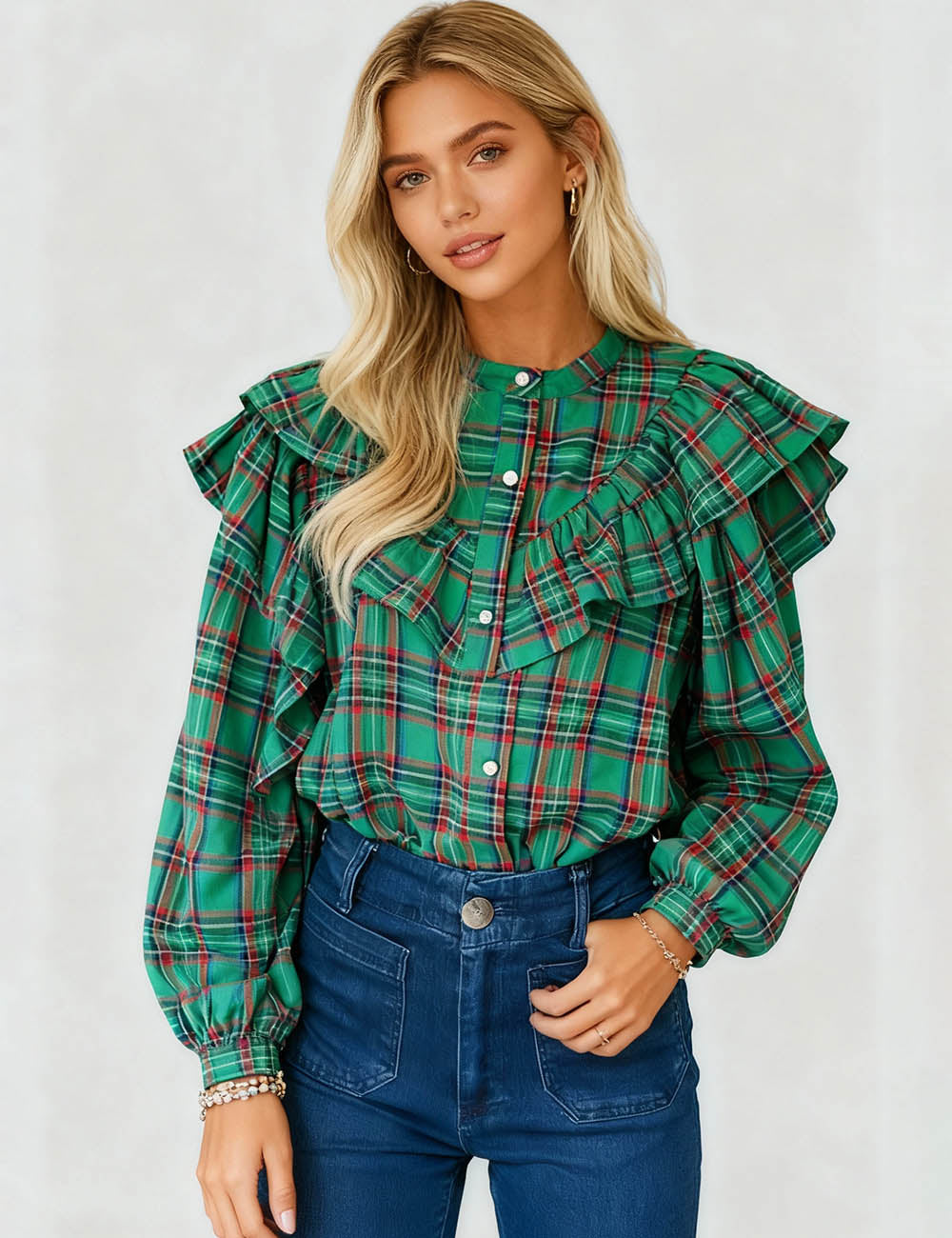 Ladies Christmas Plaid Ruffle Puff Sleeves Blouse Top