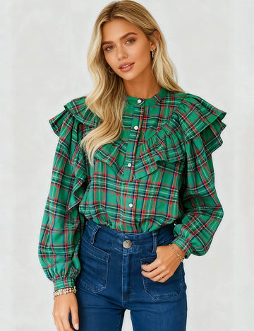 Ladies Christmas Plaid Ruffle Puff Sleeves Blouse Top