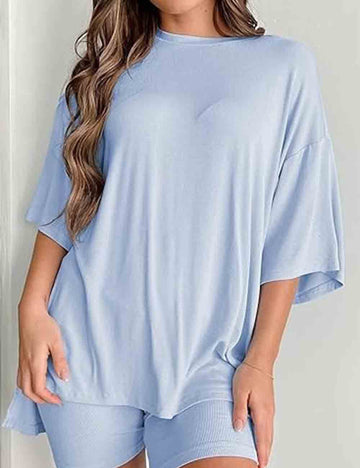 Ladies Solid Loungewear Outfits Loose Top & Slim Shorts Set