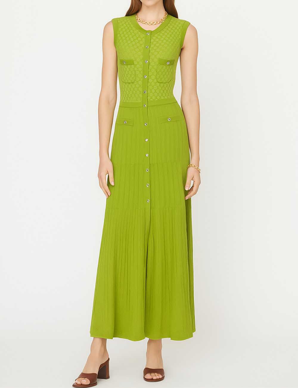 Ladies Solid Color Round Neck Sleeveless Knit Midi Dress