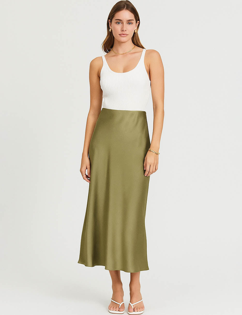 Ladies Solid Color Satin Midi Skirt 5515