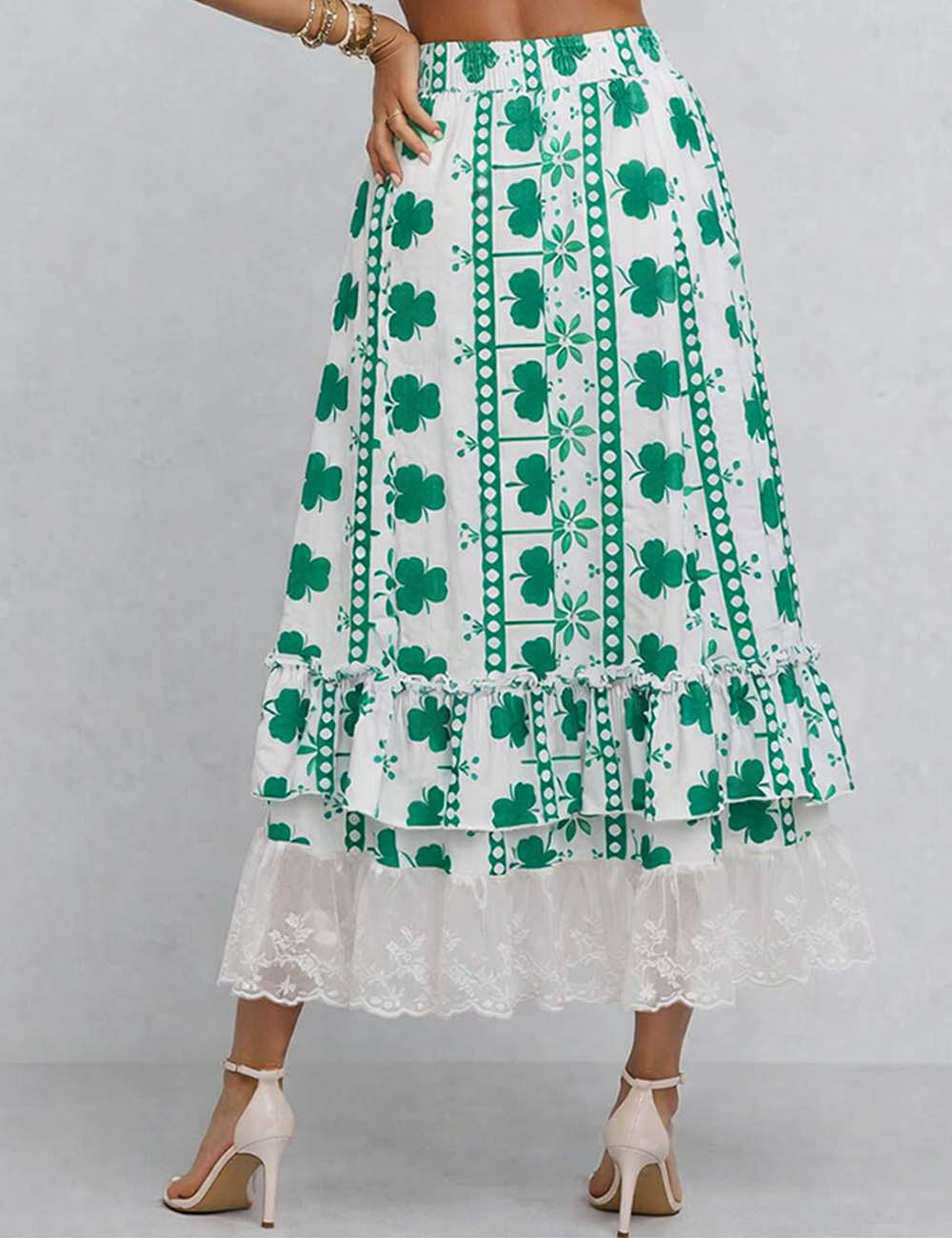 Ladies St Patrick’s Day Clover Print Ruffle Lace Hem Maxi Skirt