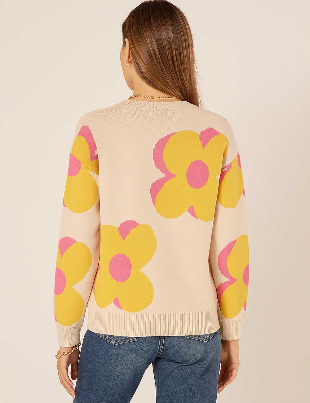 Ladies Multi Color Floral Pattern Round Neck Knit Sweater
