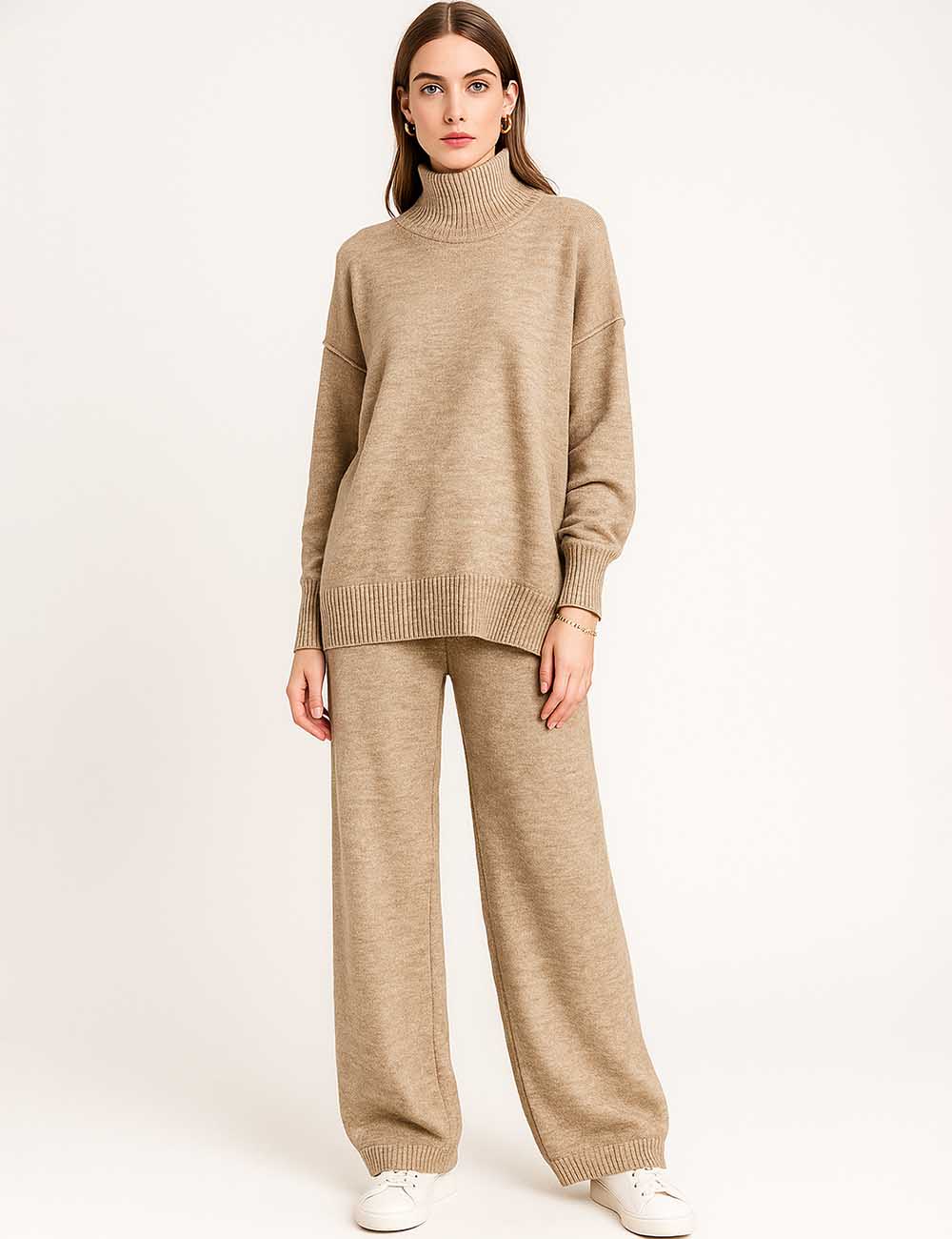 Ladies Solid Color High Collar Long Sleeves Sweater & Pants Set