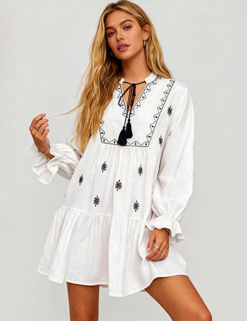 Ladies Boho Embroidery Tassel Tie Neck Tiered Mini Dress