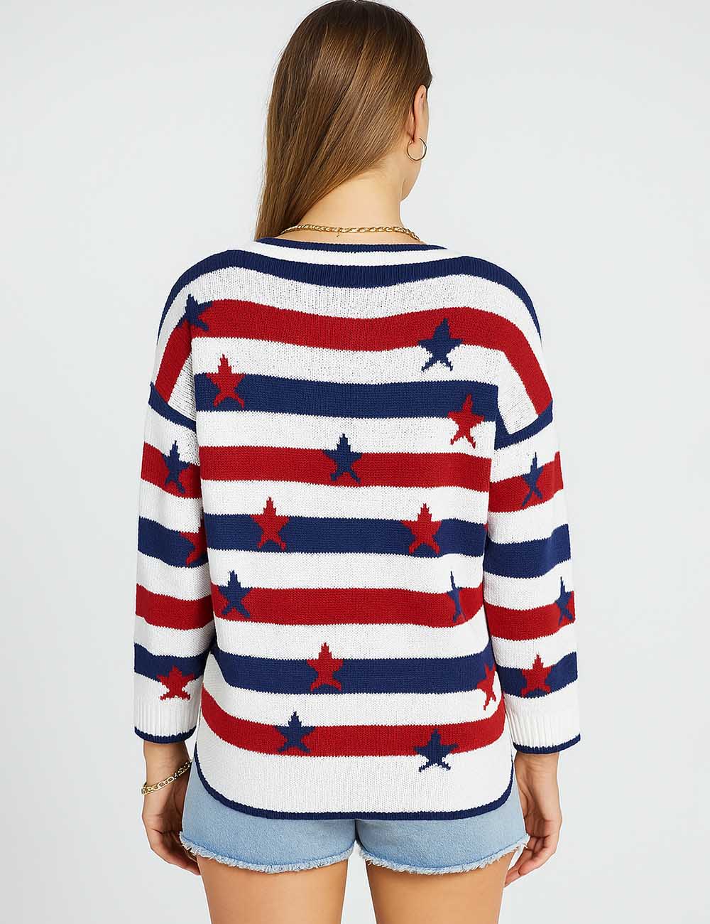 Ladies Color Block Striped Star Irregular Hem Knit Top