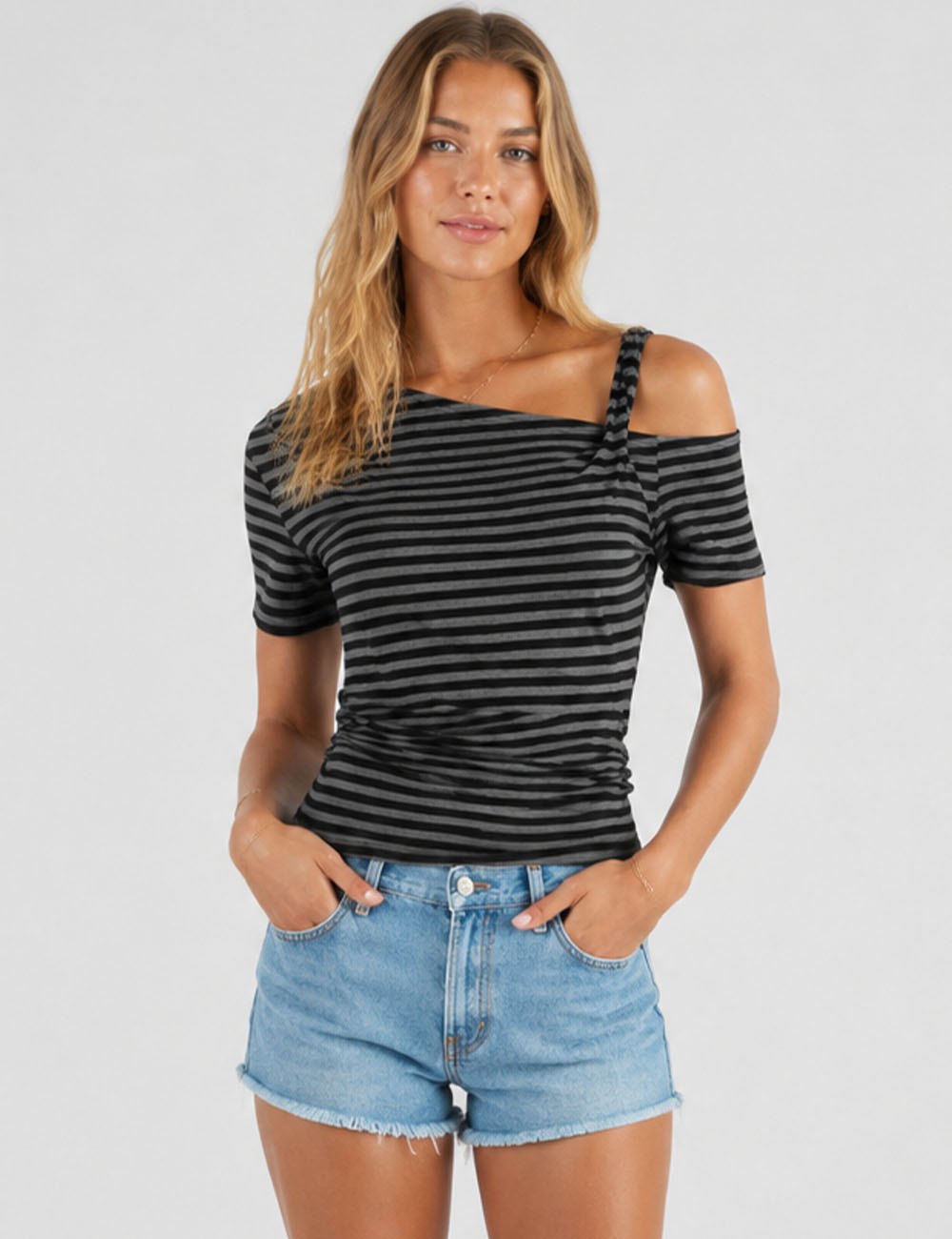 Striped One Shoulder T-Shirt - Sweetkama Wholesale - #3895