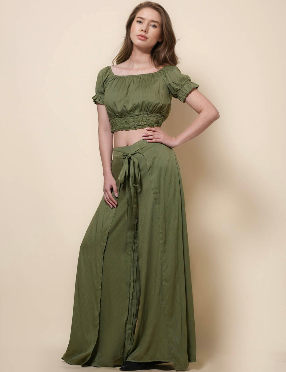 Ladies Puff Sleeves Top Pants 2PCS Set SKST41278