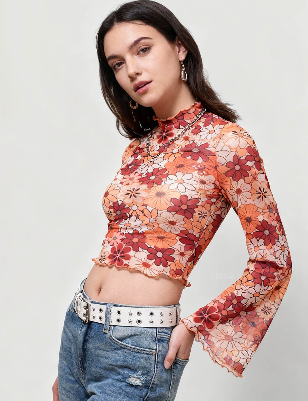 Ladies Print Flare Sleeves Mesh Crop Top SKT2417