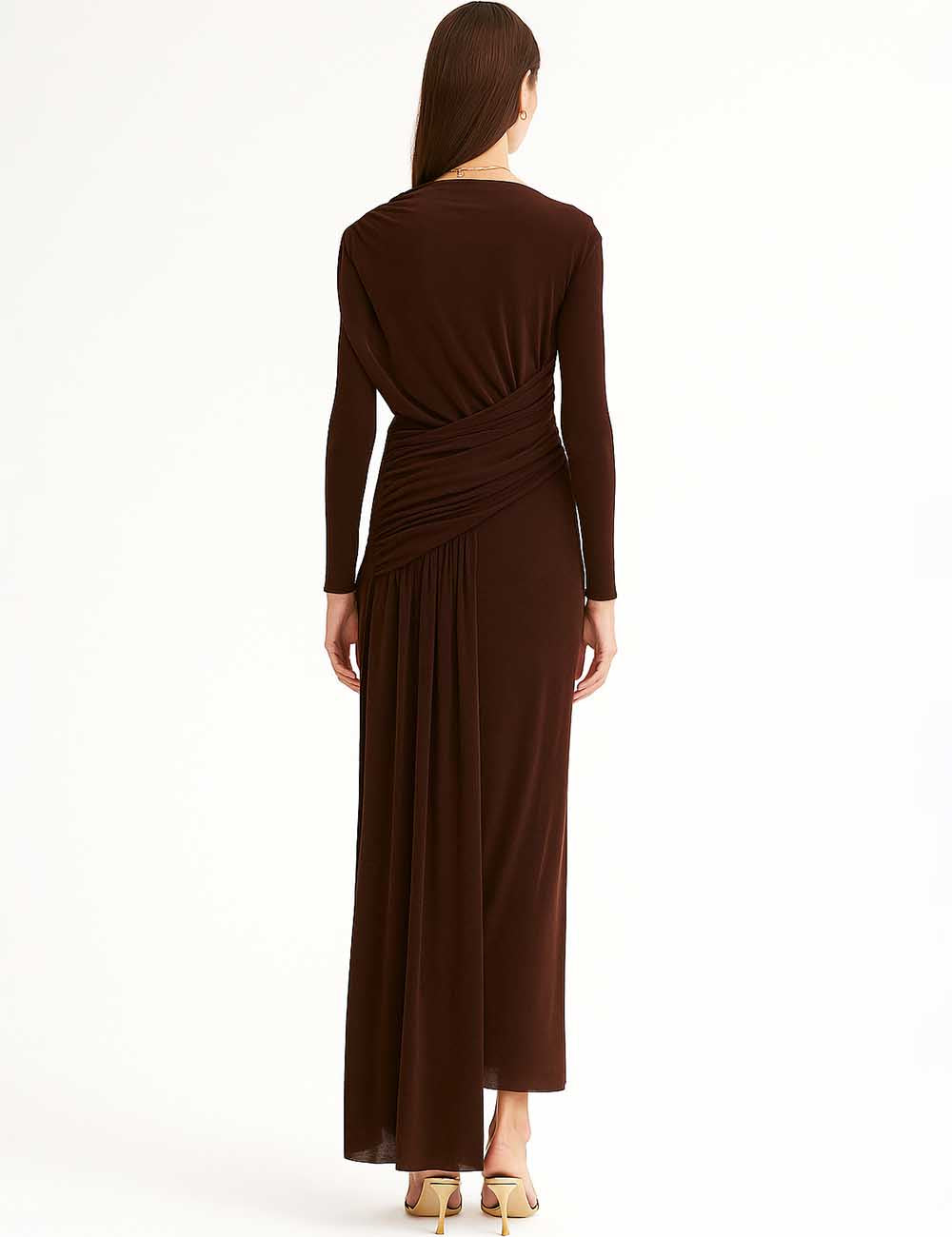 Ladies Solid Color Irregular Wrinkle Long Sleeves Maxi Dress