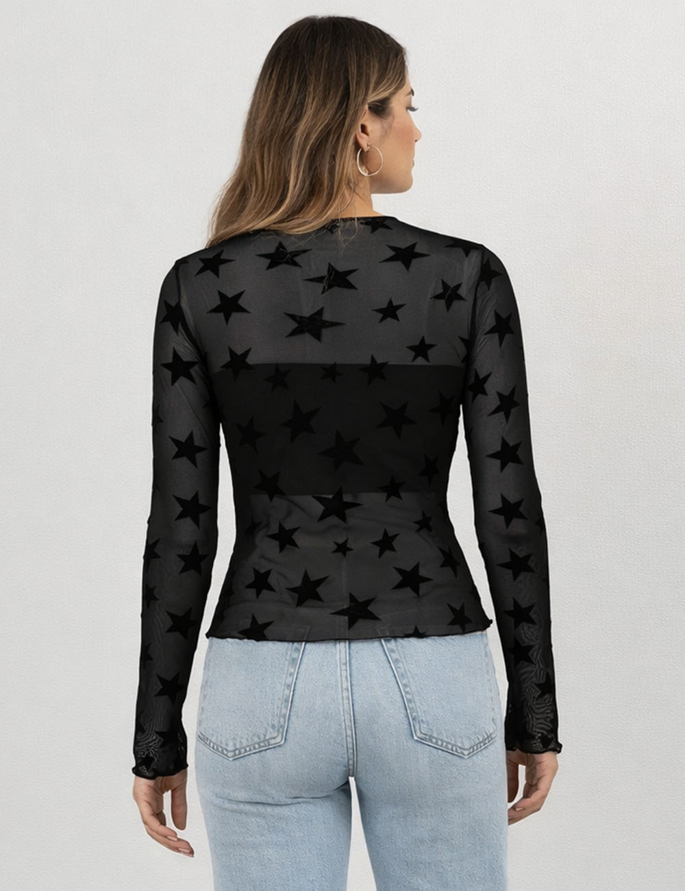 Ladies Chic Star Mock Neck Sheer Mesh Long Sleeves Layering Top