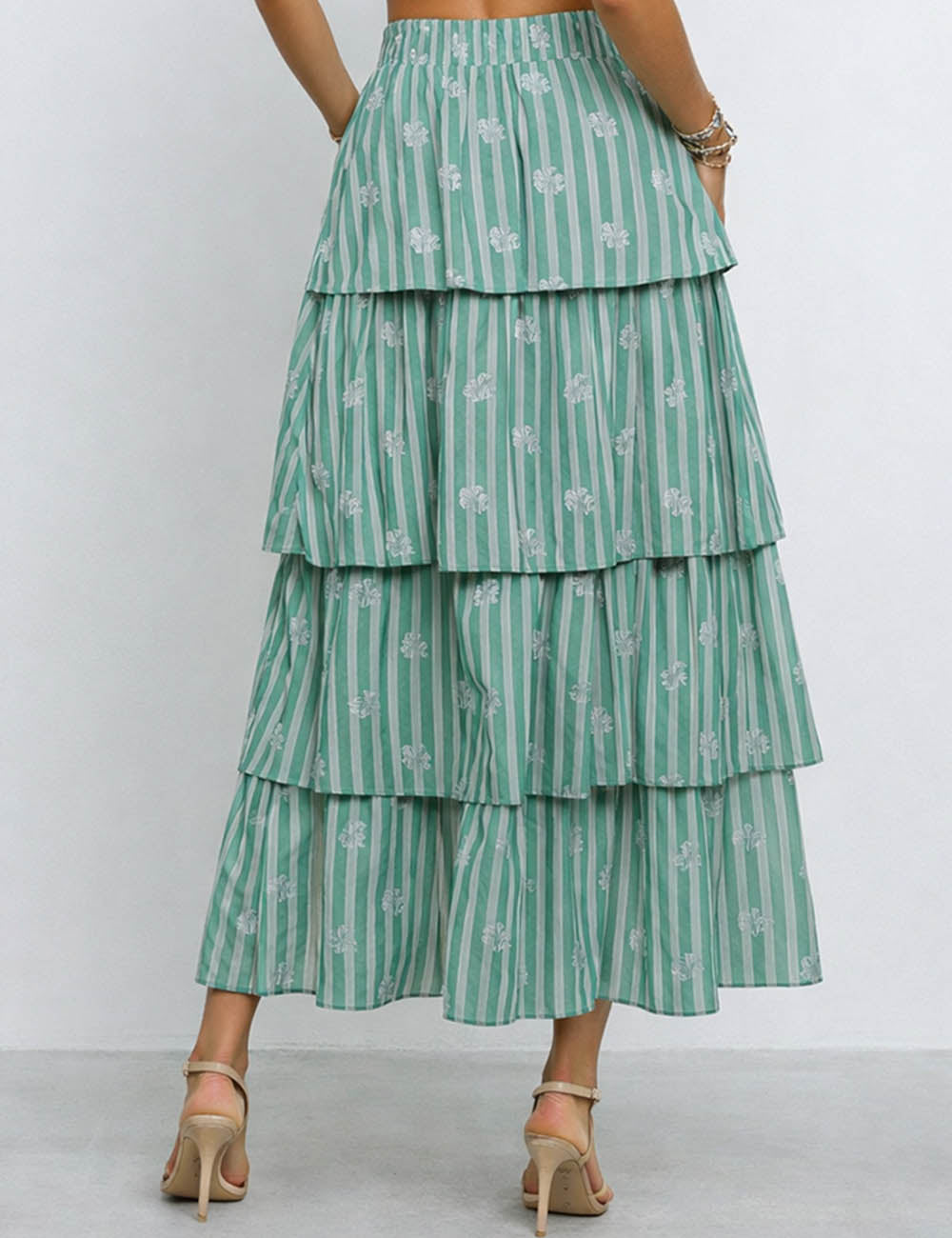 Ladies St Patrick’s Day Shamrock Striped Tiered Ruffle Maxi Skirt