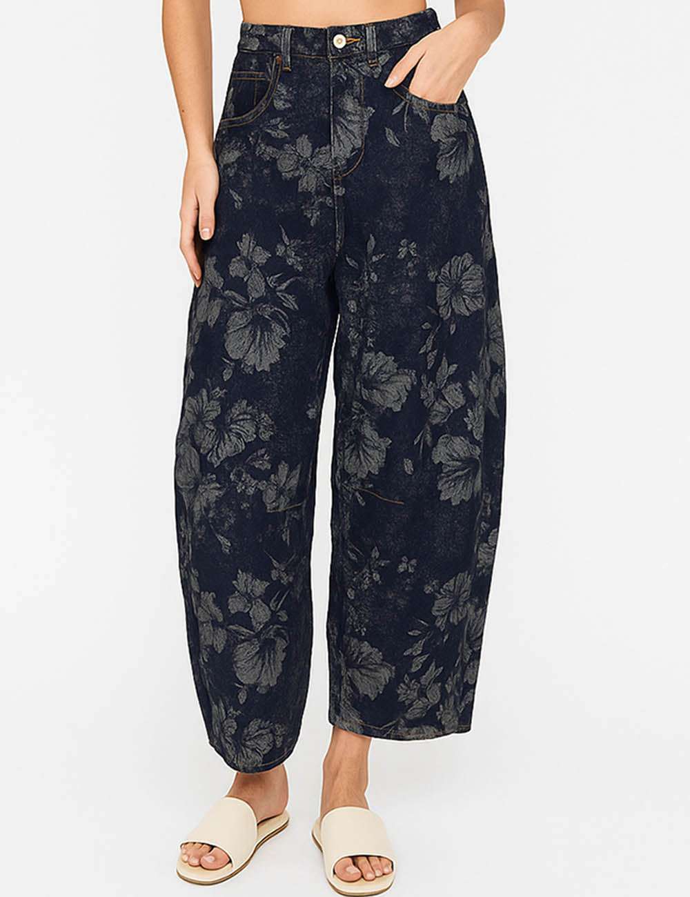 Ladies Vintage Denim Pants Floral Print Barrel Pants