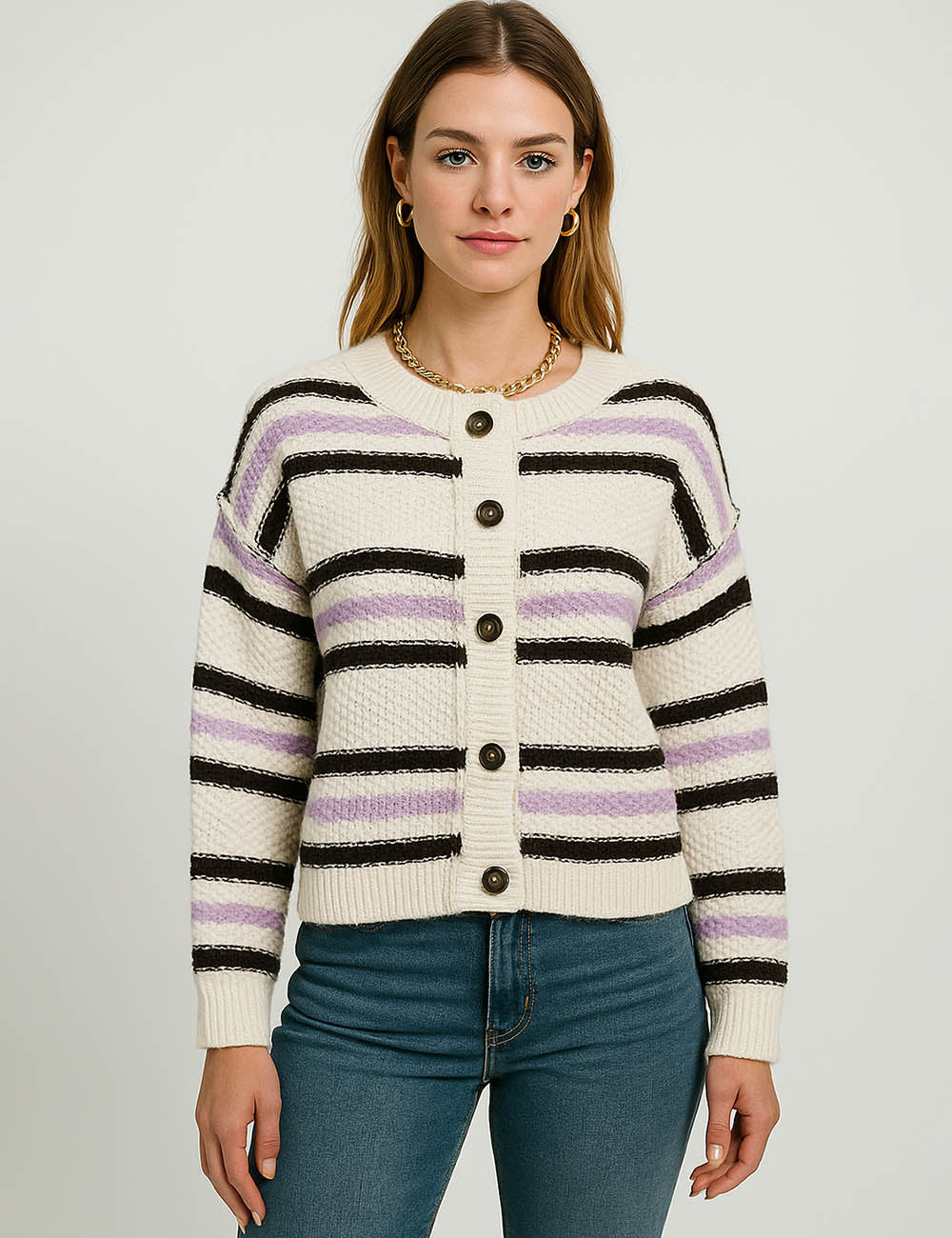 Ladies Multi Color Striped Knit Button Sweater Cardigan