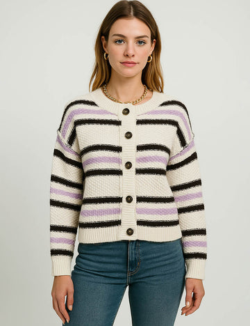 Ladies Multi Color Striped Knit Button Sweater Cardigan