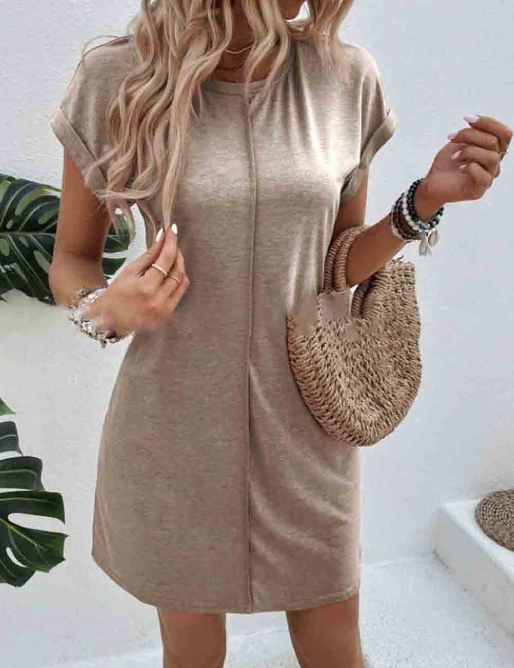 Ladies Solid Color Short Sleeves Everyday Mini Dress SKD51237