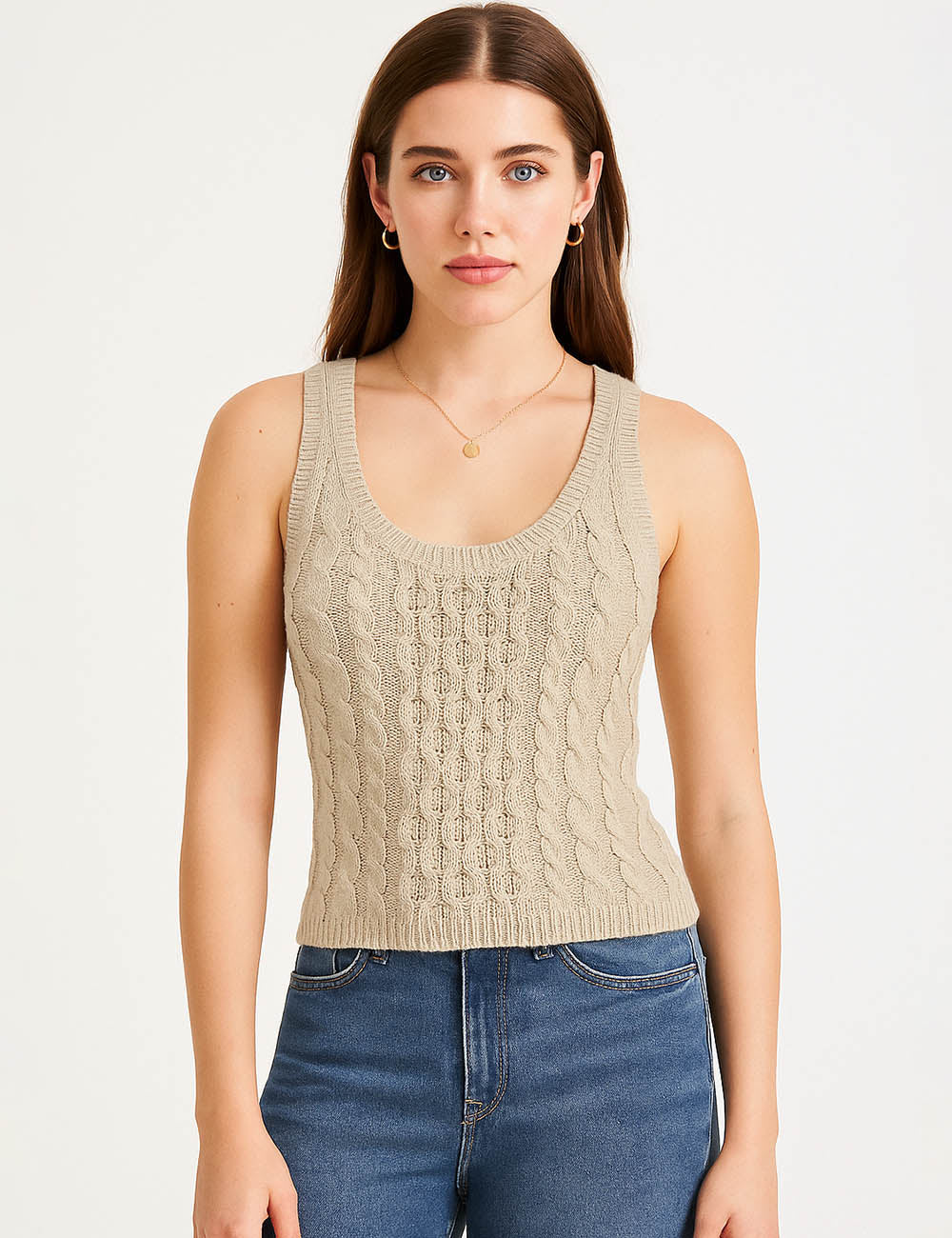 Ladies Classic Cable Knit U-Neck Vest