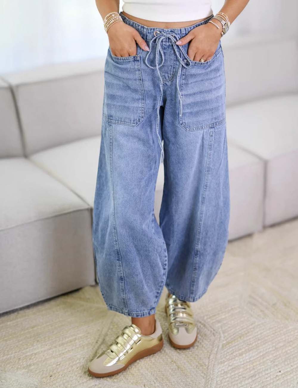 Ladies Elastic Waist String Tie Pocket Denim Pants