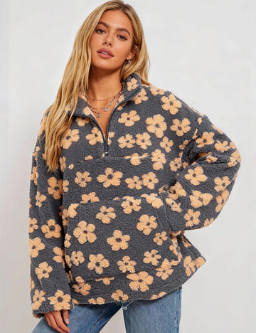 Ladies Floral Jacquard Zipper Front Fleece Sweatshirt