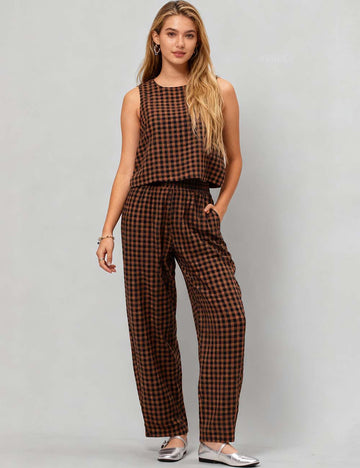 Ladies Plaid Color Block Top Pants 2PCS Set SKST41122