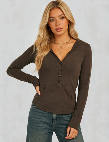 Ladies Solid Color Hooded Long Sleeves Henley Layering Top