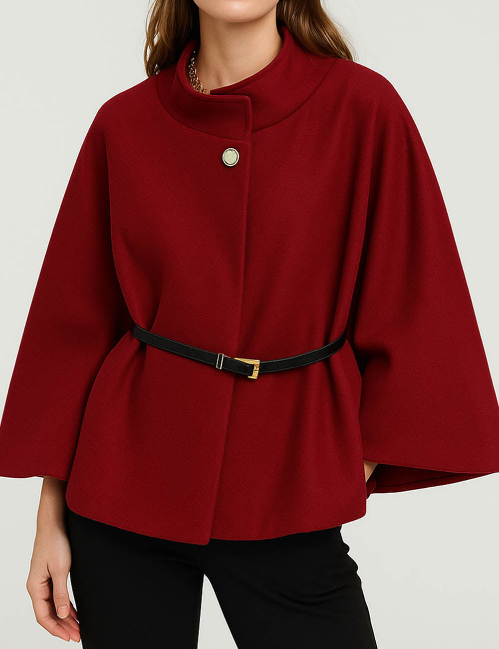 Ladies Wool Blend Stand Collar Belt Cape Shawl Jacket