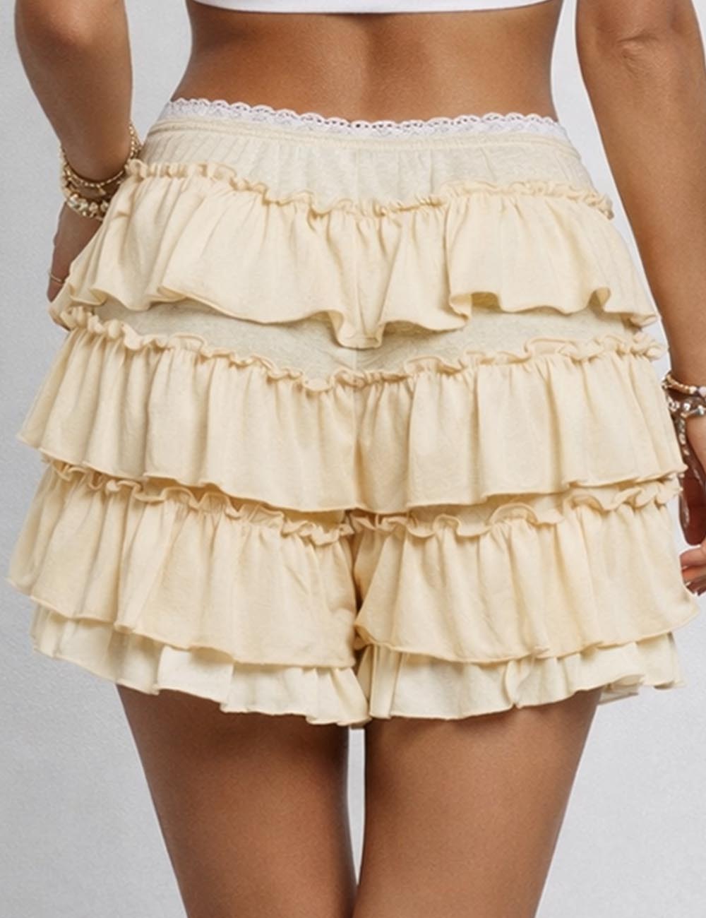 Ladies Bow Elastic Waist Lace Trim Tiered Ruffle Mini Shorts