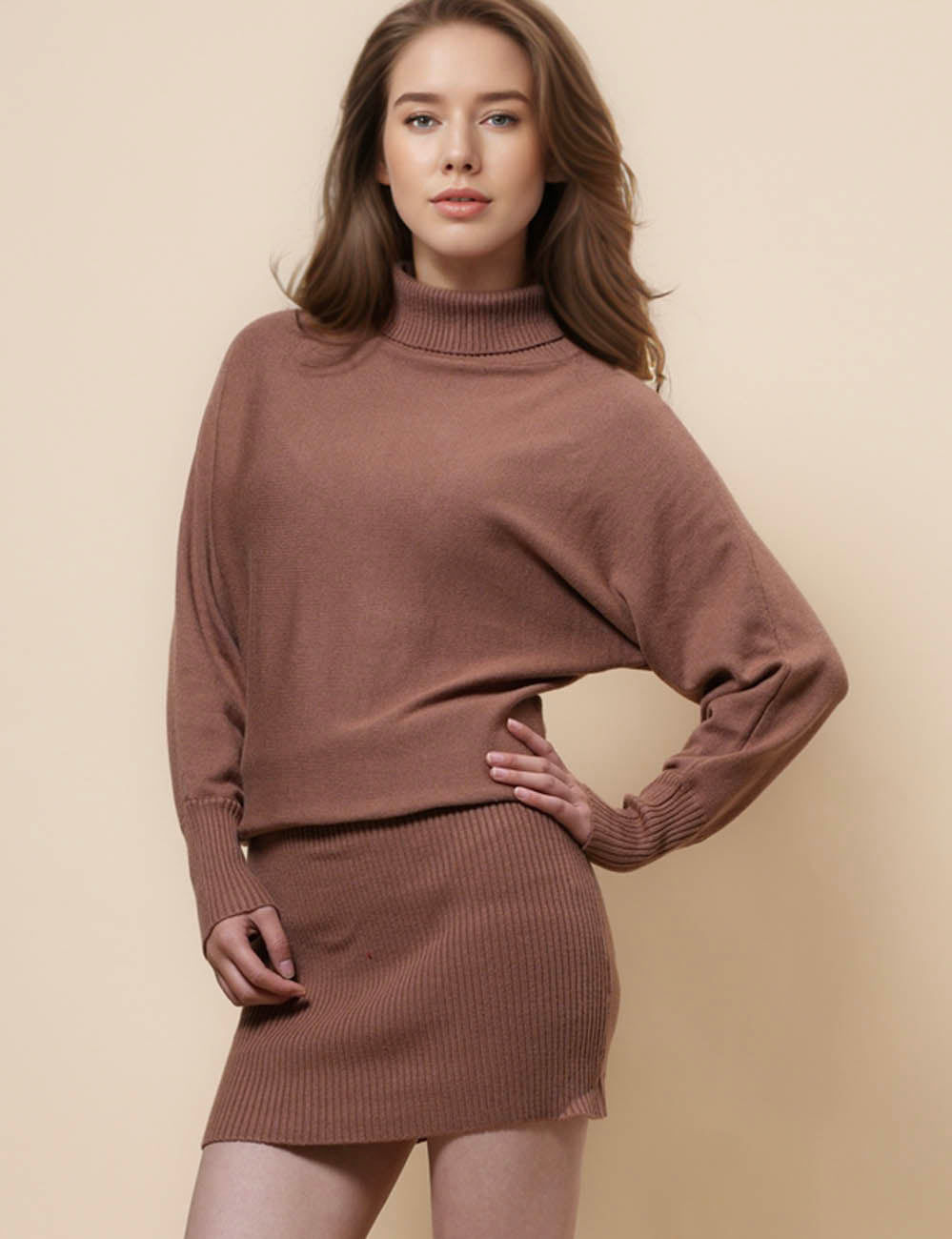 Ladies Solid Color High Neck Sweater Dress SKD41110