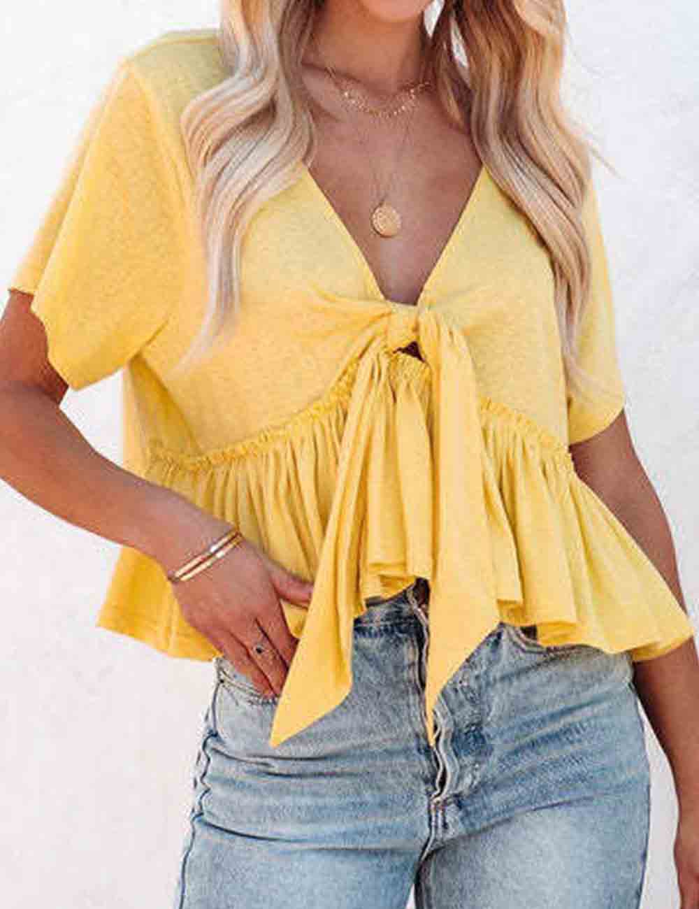 Ladies Solid Color Ruffle String Tie Short Sleeves Top
