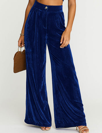 Ladies Glossy Velvet Zip Fly Pocket Wide Leg Pants