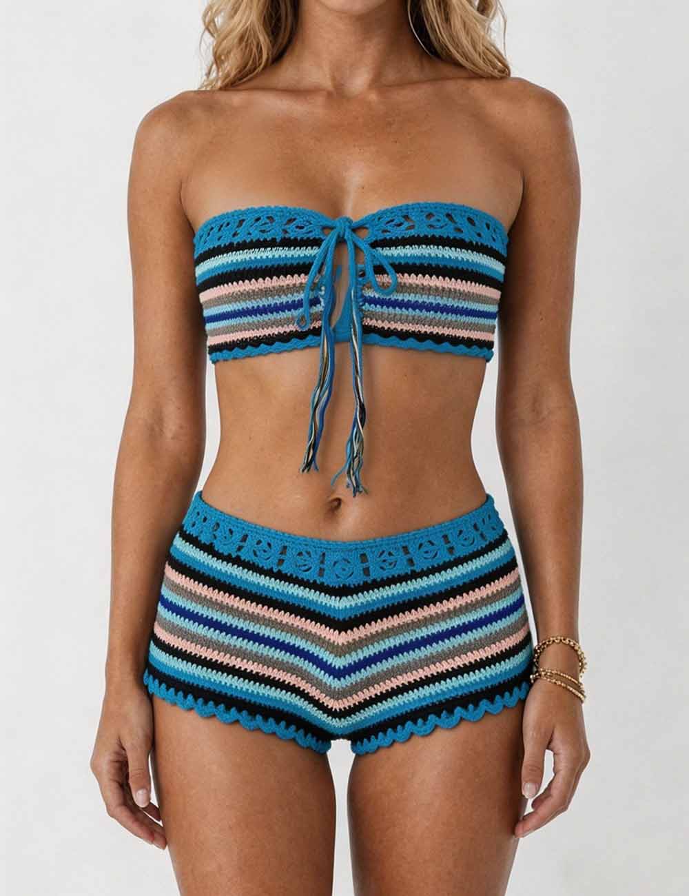 Ladies Rainbow Crochet Bandeau Bikini Set With Cover Up Shorts