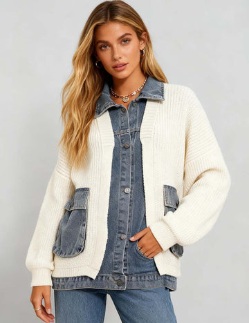 Ladies Lapel Collar Button Down Denim Fake 2PCS Sweater Cardigan