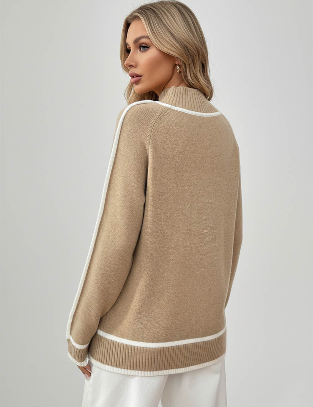 Ladies Color Block Mock Neck Long Sleeves Knit Sweater