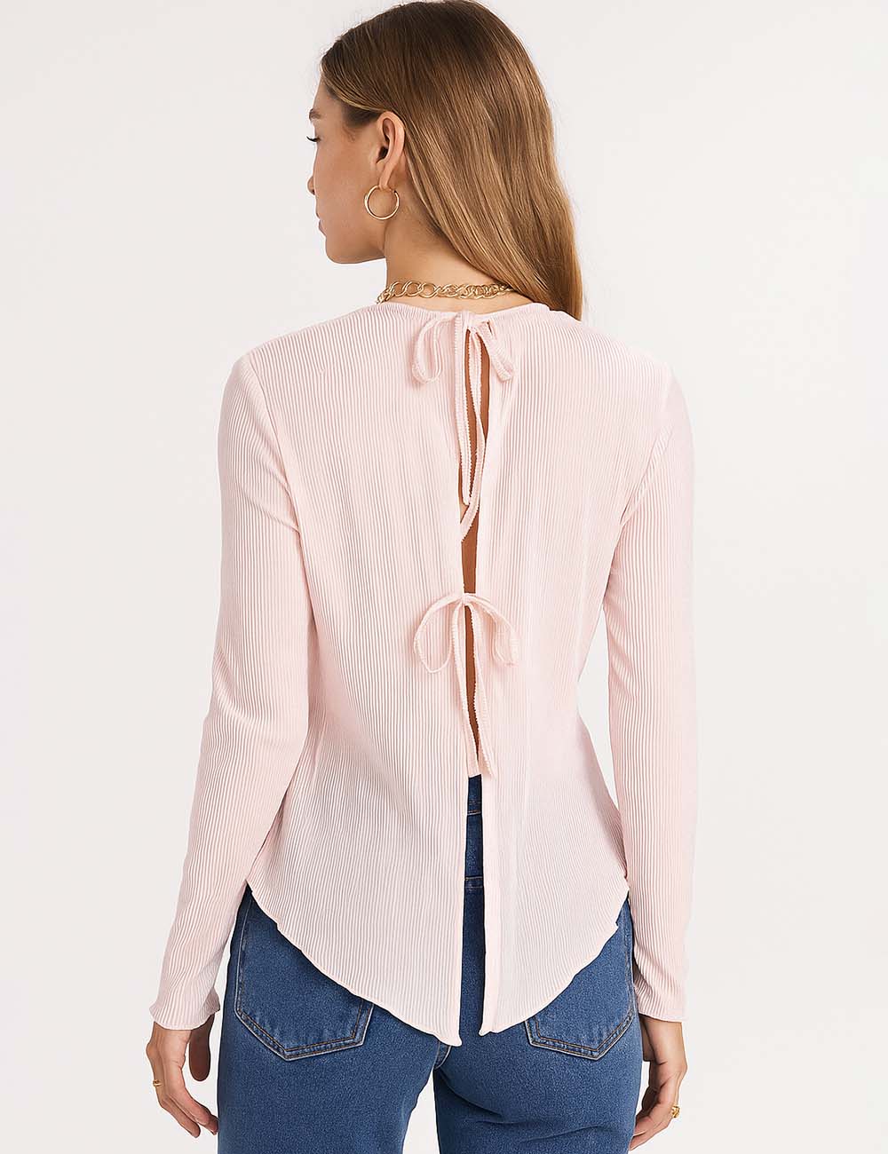 Ladies Wrinkle Round Neck Back Tie Flared Sleeves Blouse