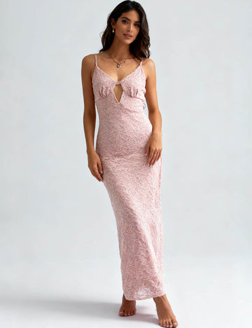 Ladies Jacquard Pattern V-Neck Cutout Front Cami Maxi Dress
