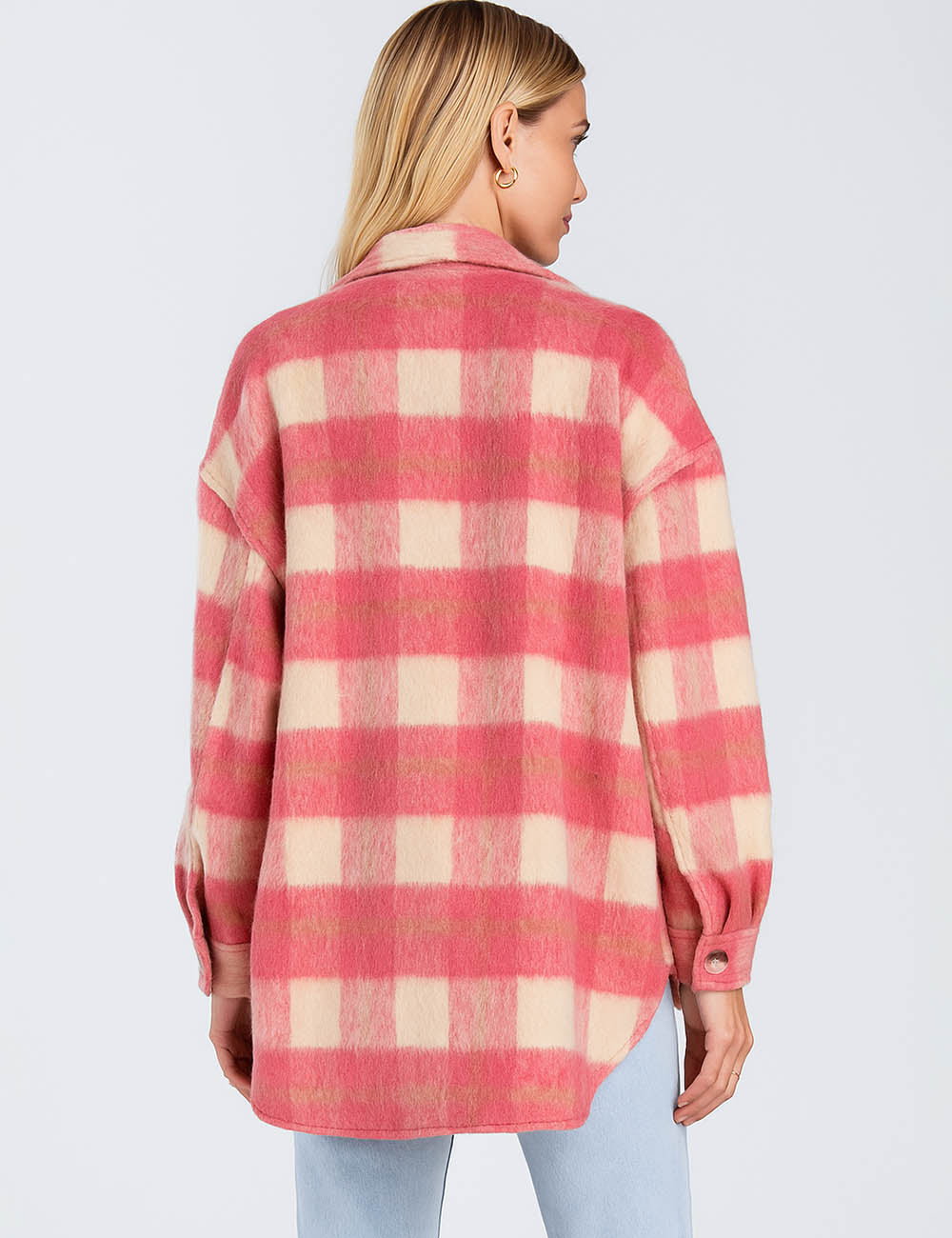 Ladies Mohair Plaid Jacket Shirt Collar Flap Pocket Coat