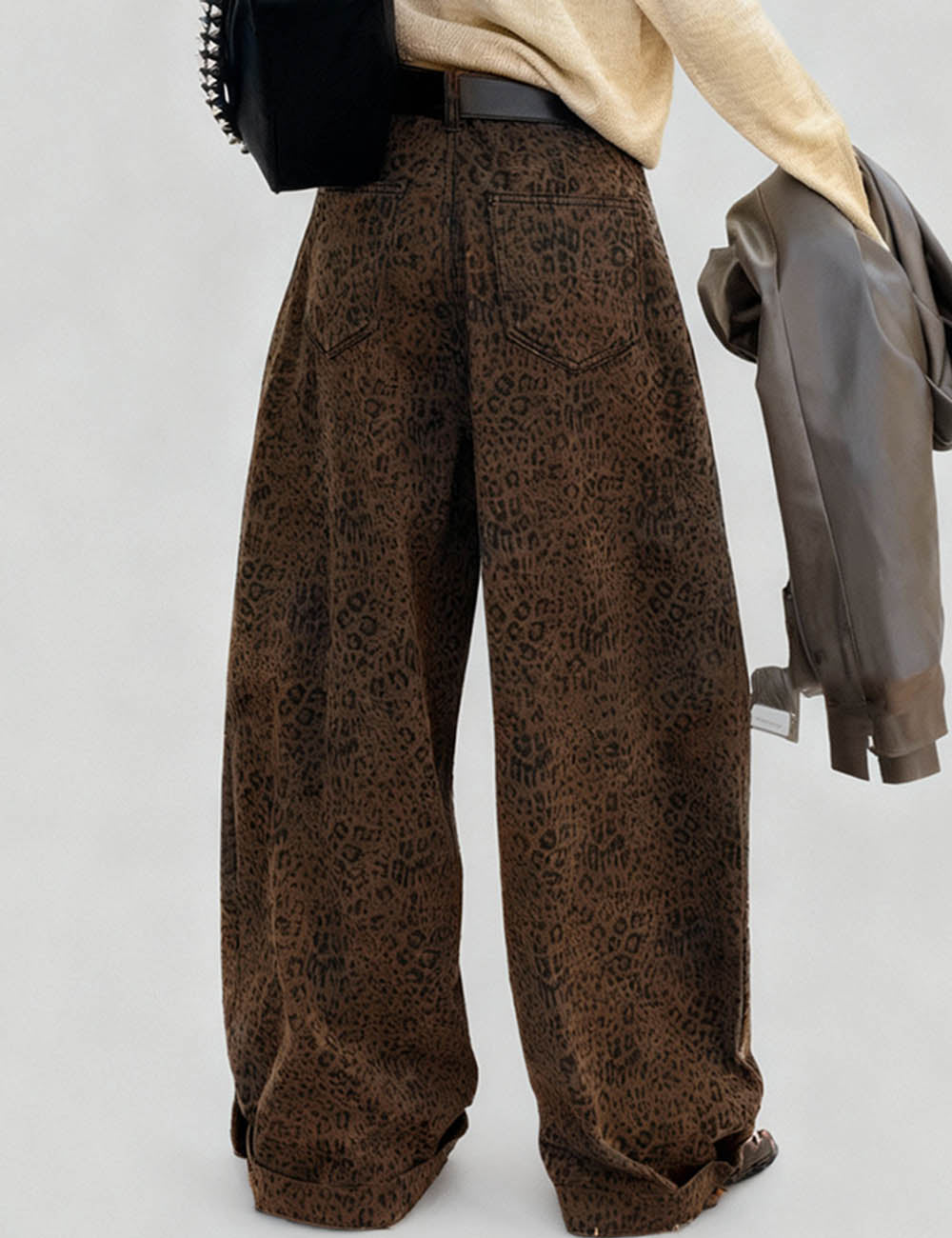 Ladies Leopard Print Brushed Wide Leg Pants