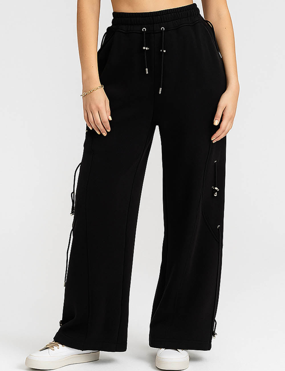 Ladies Drawstring Metal Toggle Elastic Waist Wide Leg Pants