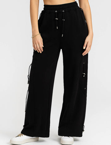 Ladies Drawstring Metal Toggle Elastic Waist Wide Leg Pants