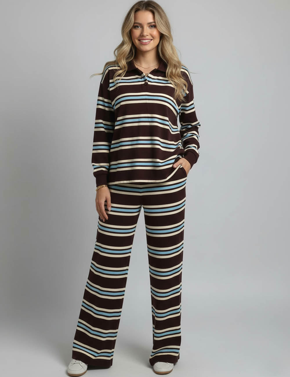 Ladies Striped Polo Collar Wide Leg Sweatshirt & Pants Set