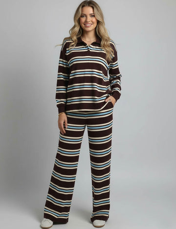 Ladies Striped Polo Collar Wide Leg Sweatshirt & Pants Set