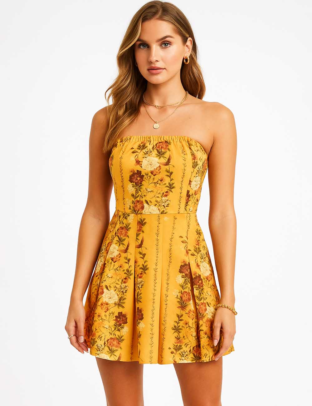 Ladies Floral Print Strapless Sleeveless Tube Mini Dress