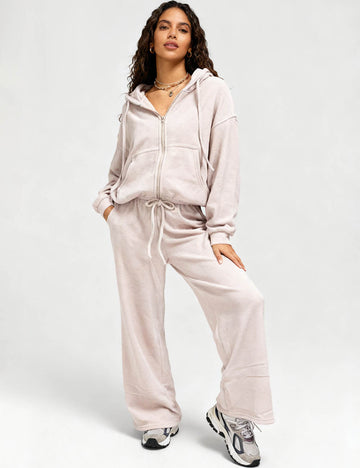 Ladies Fleece Zip Hoodie Sweatshirt Tie Waist Wide Pants Set